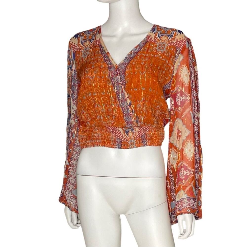 Anthropologie RAGA Metallic Thread Bell Sleeve Crop Blouse Women’s Sz XS